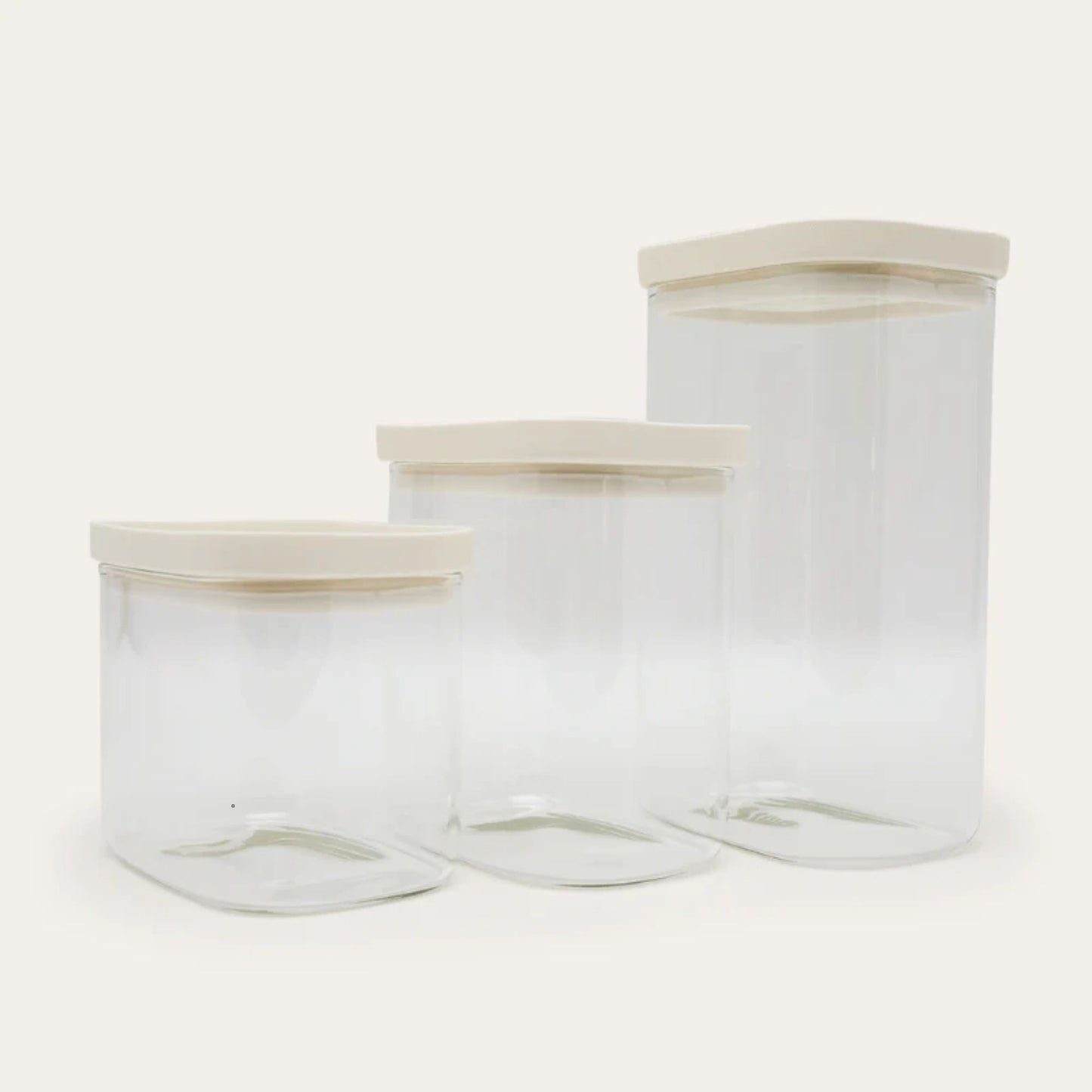 Glassbeholdere i borosilikatglass med glasslokk i flere størrelser til oppbevaring av tørrvarer