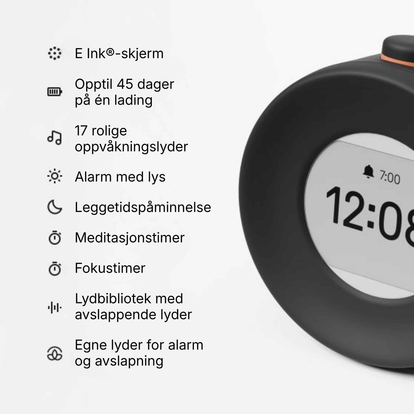 Digital vekkerklokke med E Ink skjerm, naturlyder og lang batteritid
