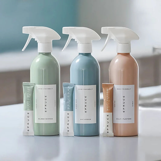 Spraysett med tre refillbare rengjøringssprayer fra Spruce – laget med plantebaserte ingredienser for et sunnere hjem og renere inneklima.