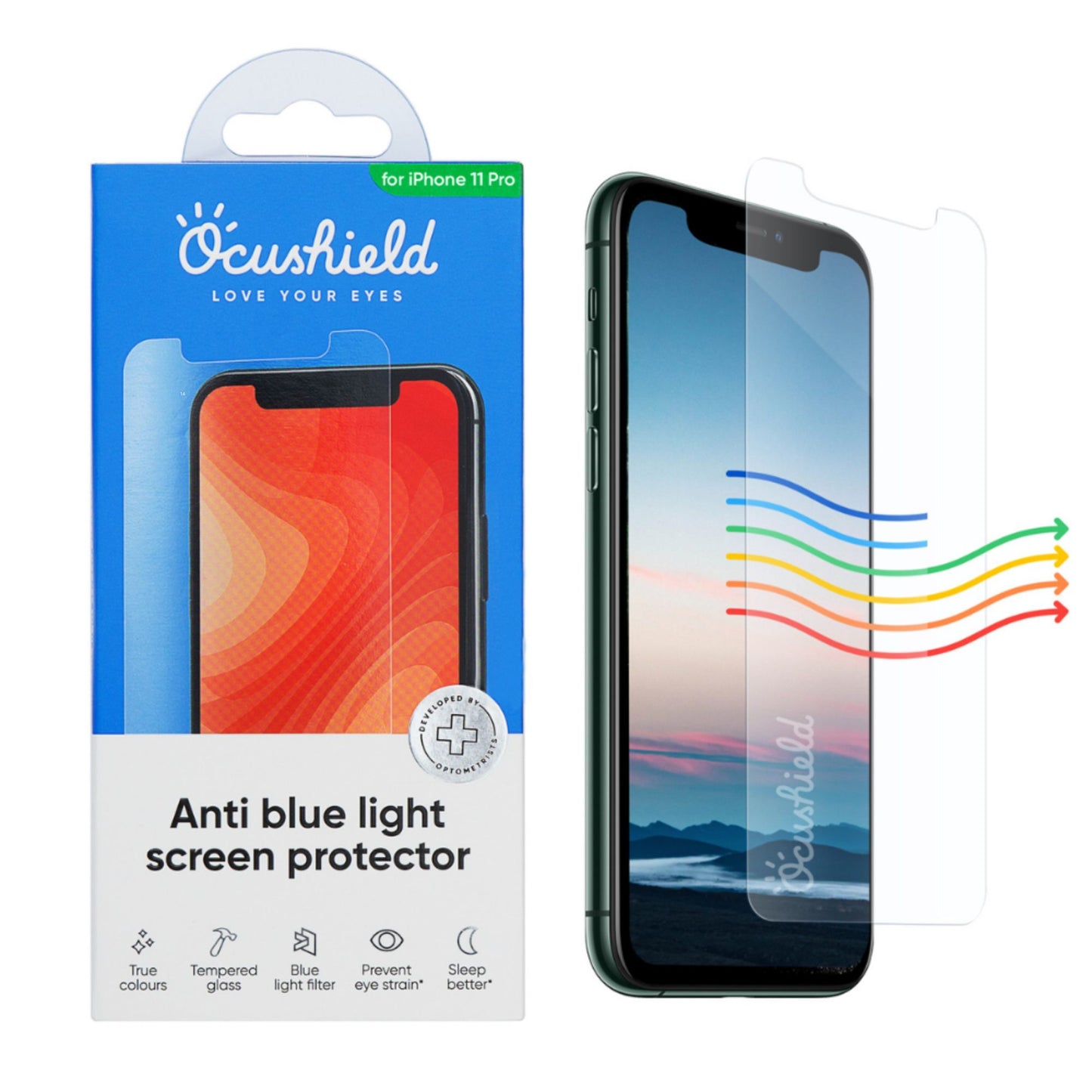 Ocushield skjermbeskytter med emballasje for iPhone 11 Pro, XS og X – medisinsk blålysfilter som beskytter øyne, søvn og hud