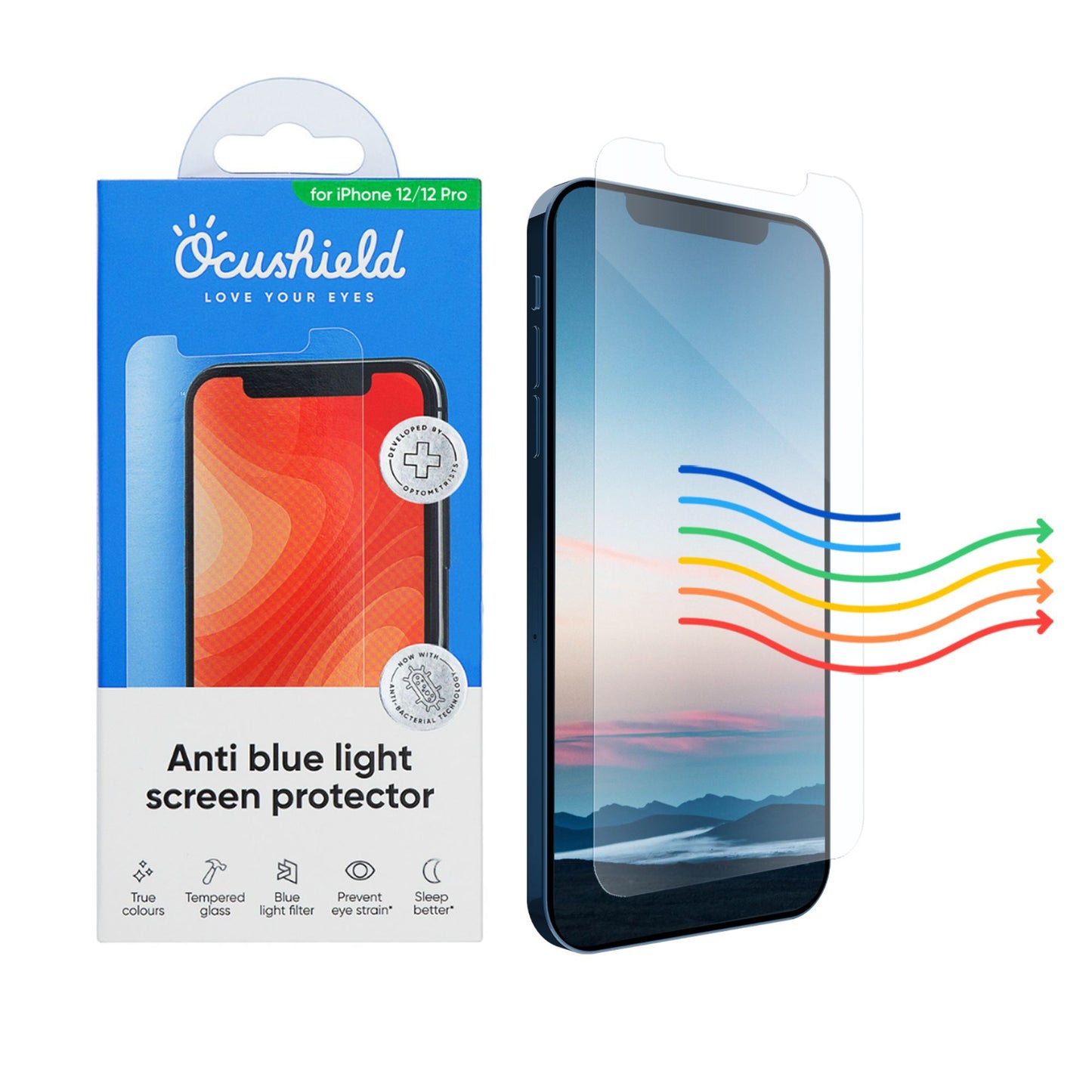 Ocushield skjermbeskytter med emballasje for iPhone 12 og 12 Pro – medisinsk blålysfilter som beskytter øyne, søvn og hud