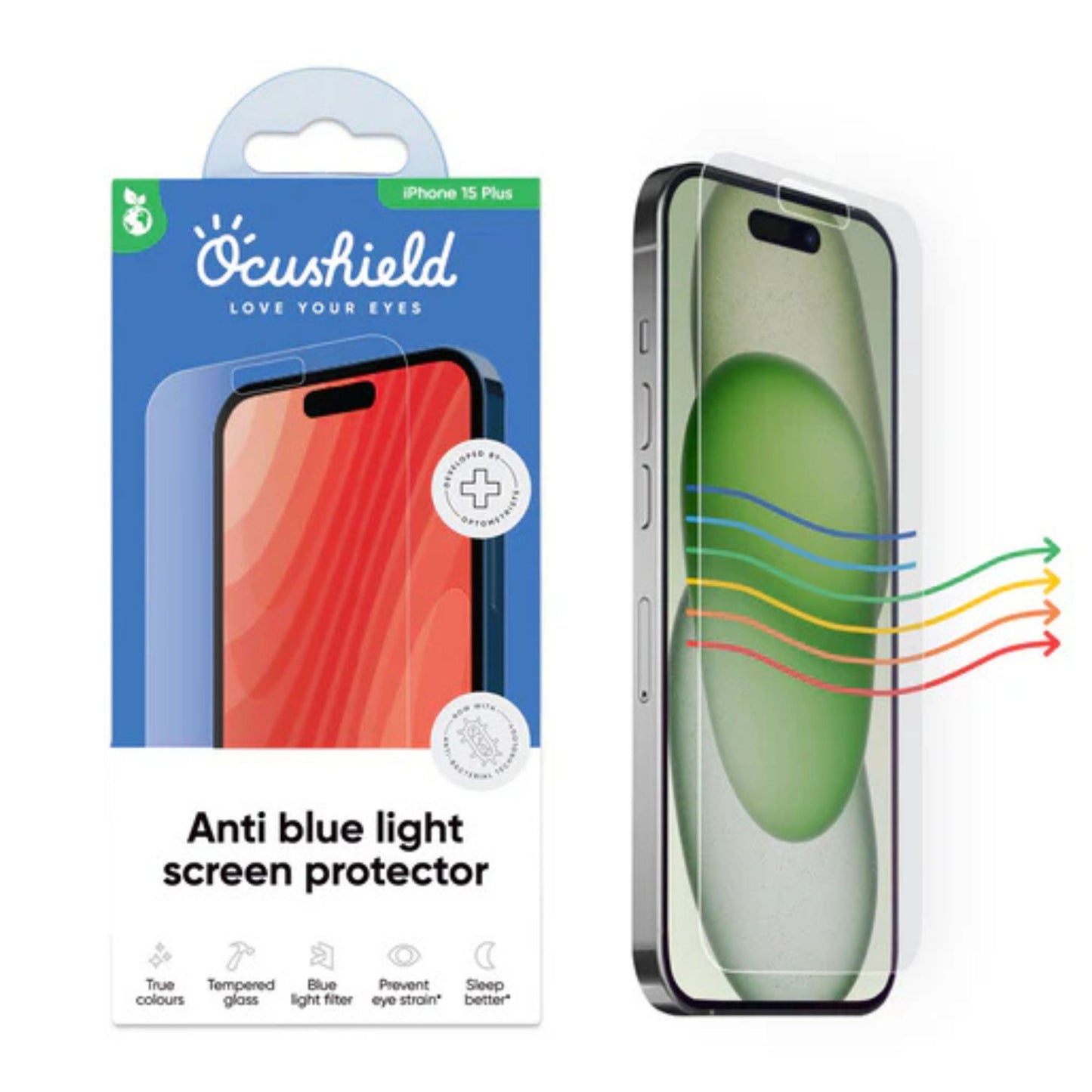 Ocushield skjermbeskytter og original emballasje for iPhone 15 Plus – blålysfilter for bedre søvn og øyehelse