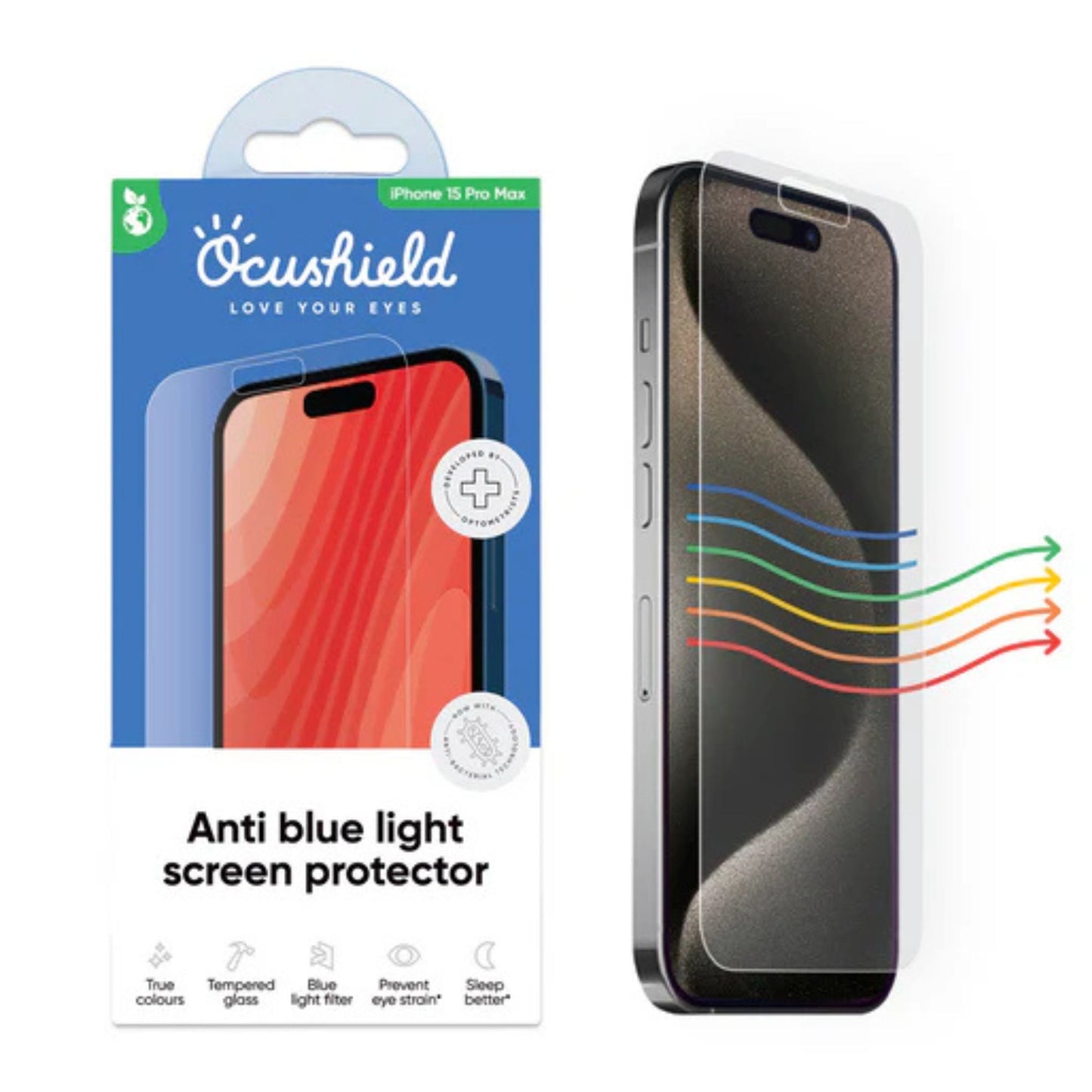 Ocushield skjermbeskytter og original emballasje for iPhone 15 Pro Max – medisinsk registrert blålysfilter
