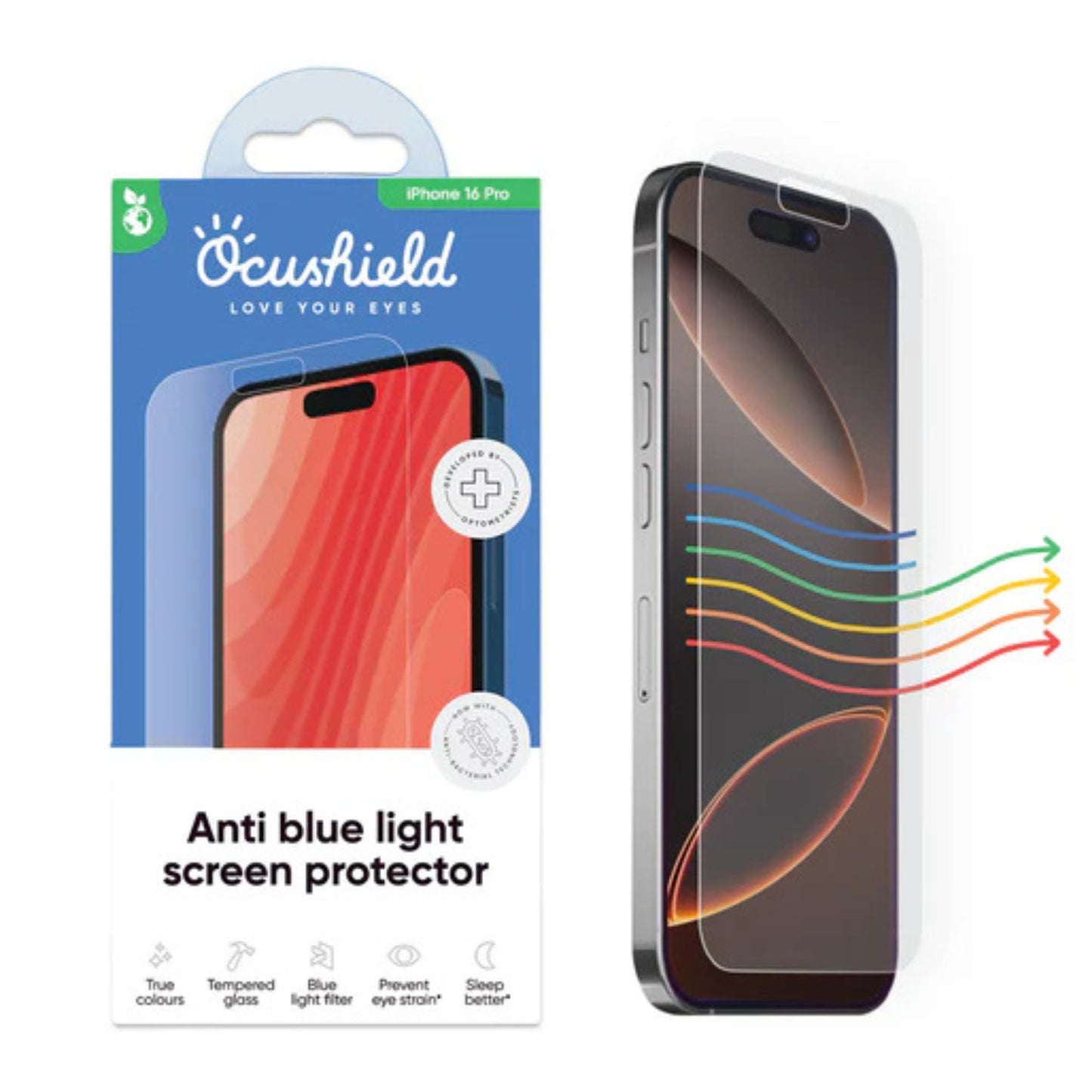 Ocushield skjermbeskytter med emballasje for iPhone 16 Pro – medisinsk blålysfilter som beskytter øyne, søvn og hud