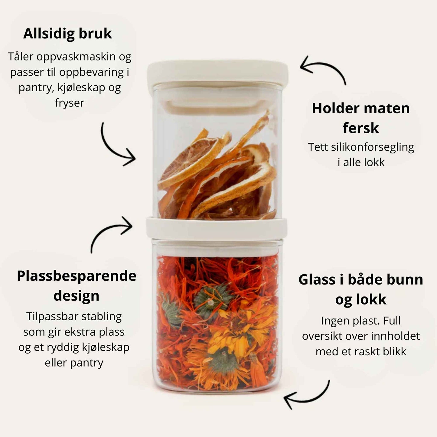 Plastfrie glassbeholdere med glasslokk som viser allsidig bruk, tett silikonforsegling, stabelbart design og full oversikt over innholdet