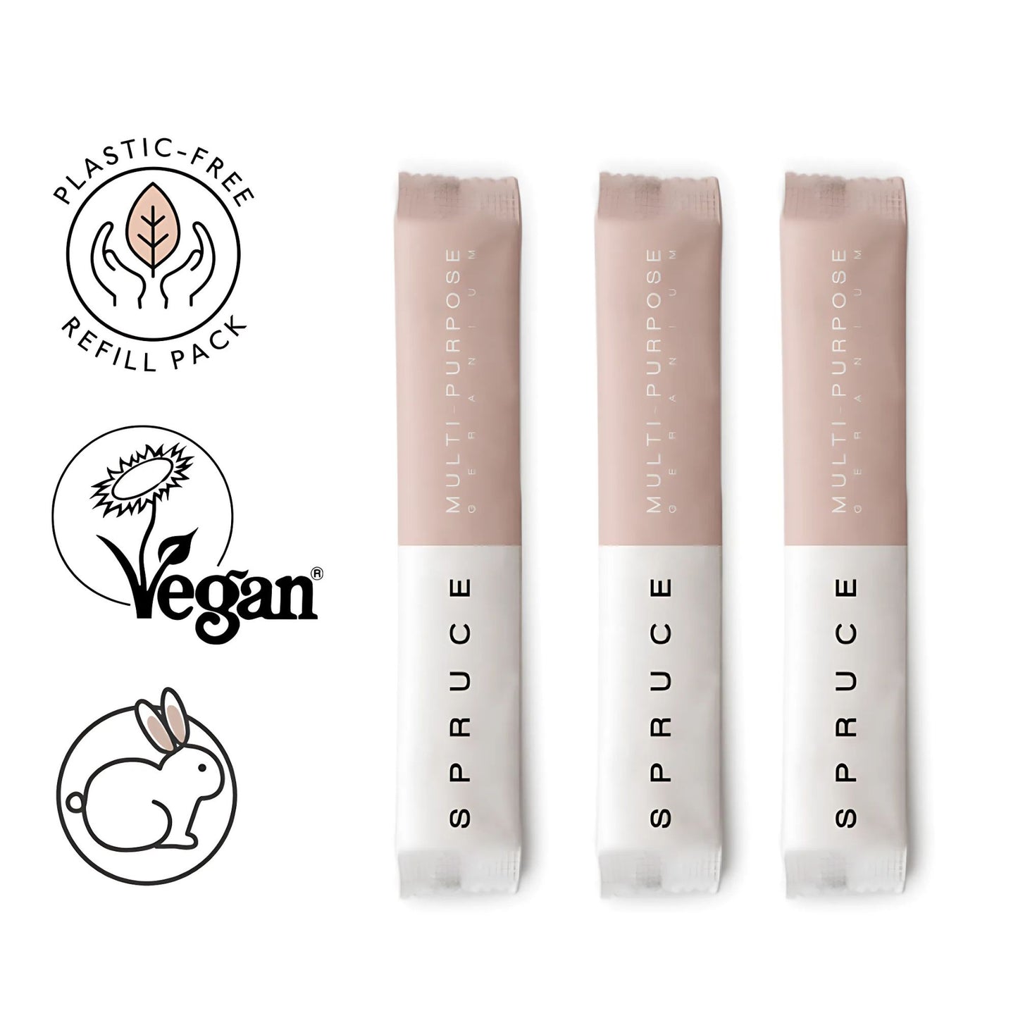 Logoer som viser at Spruce allrent refillpakke er vegansk, ikke testet på dyr og plastfri.