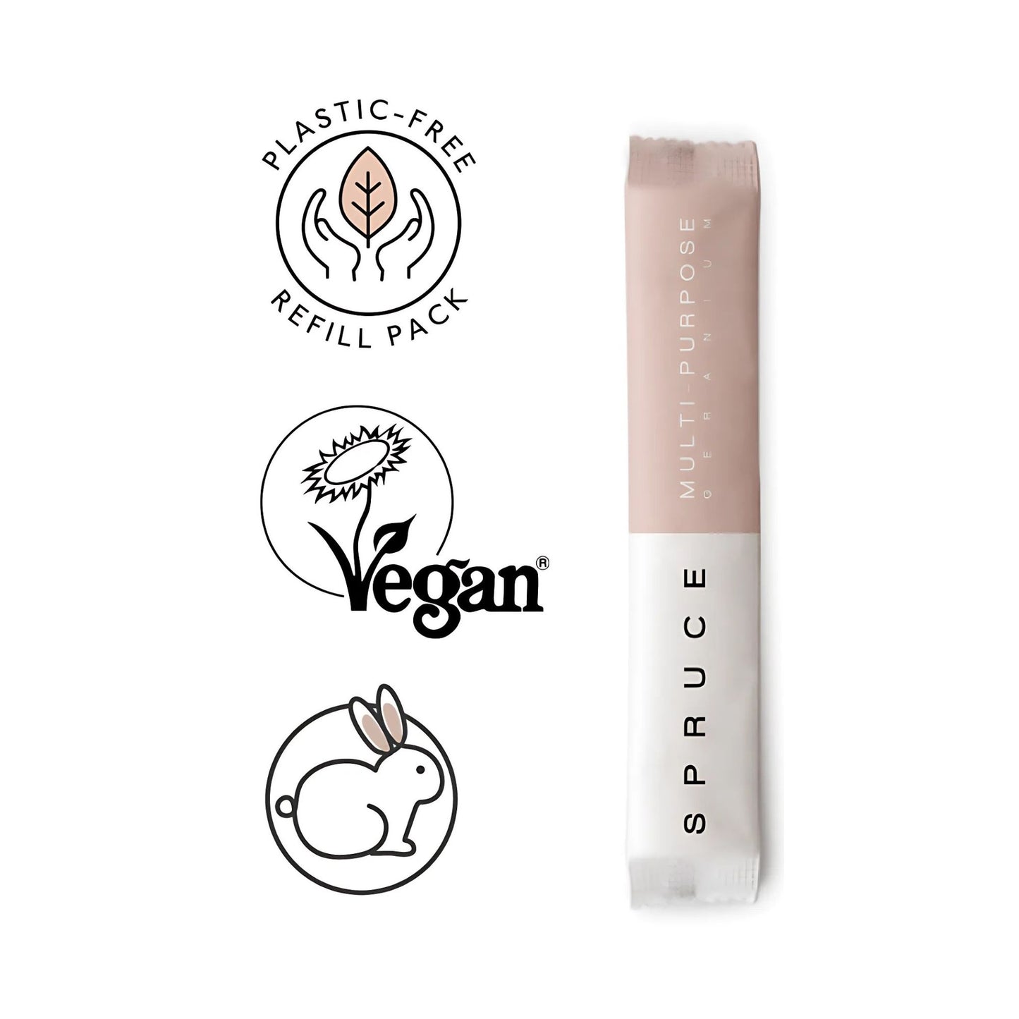 Spruce refillpose for naturlig rengjøringsmiddel – med merker for vegansk, ikke testet på dyr og plastfri emballasje. Et trygt og miljøvennlig valg til rengjøring i hjemmet.