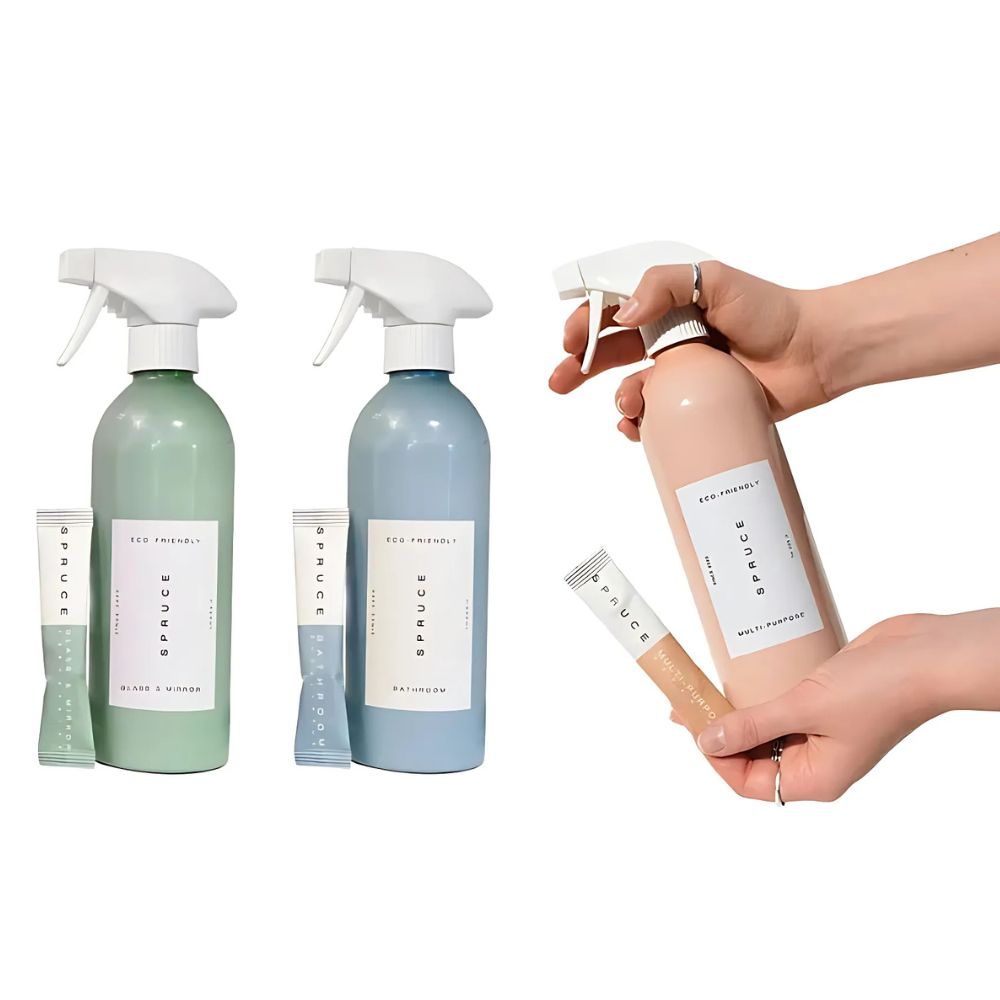 Spruce refillbare rengjøringssprayer – multipurpose med geranium, baderom med eukalyptus og glass- og speilspray med peppermynte