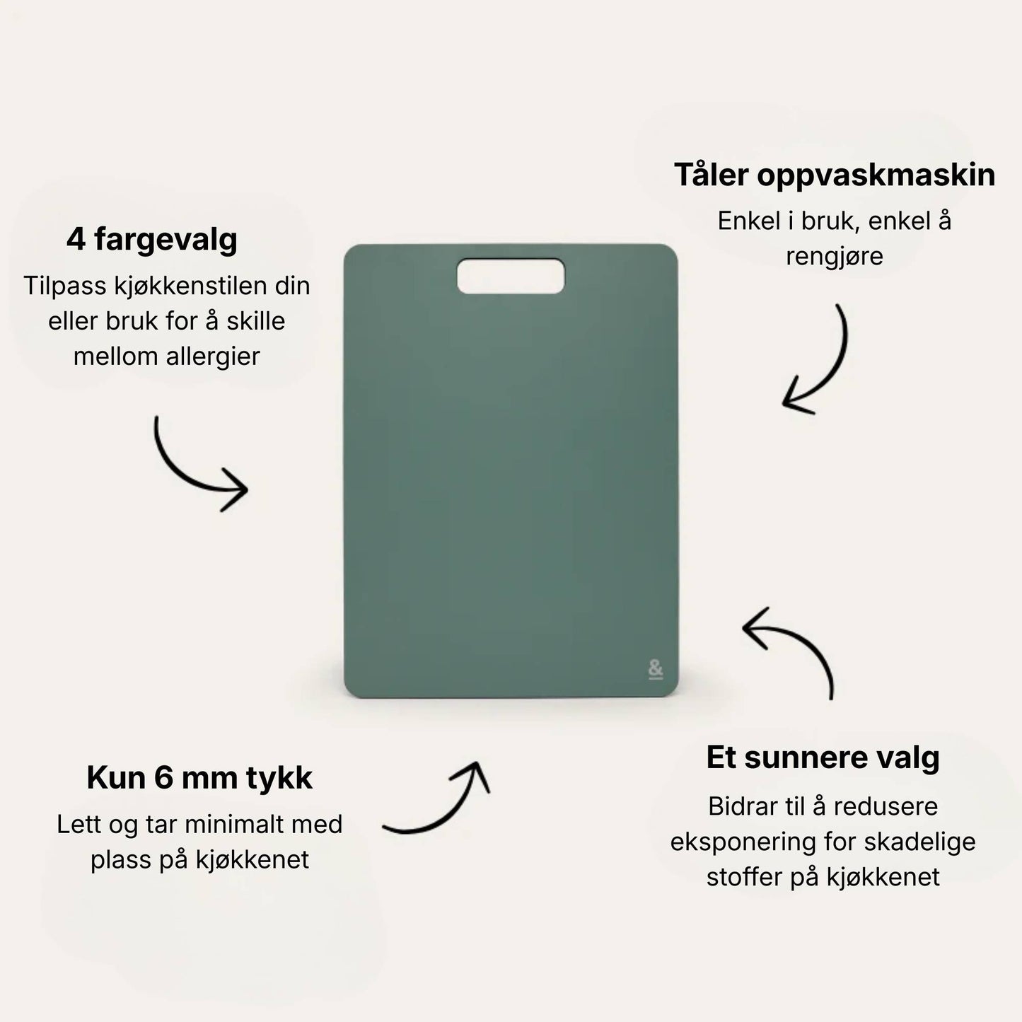 Wood fibre skjærefjøl i fargen Eucalyptus med illustrerte produktfordeler som 6 mm tykkelse, tåler oppvaskmaskin og flere fargevalg.