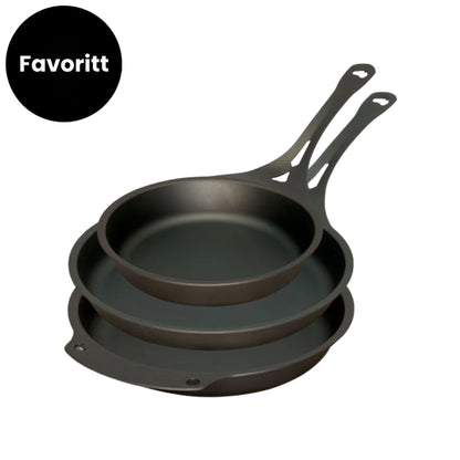 Tre AUS-ION stekepanner i rent australsk jern uten syntetisk belegg, sett med 20 cm, 26 cm og ovn-til-bord panne fra Solidteknics.