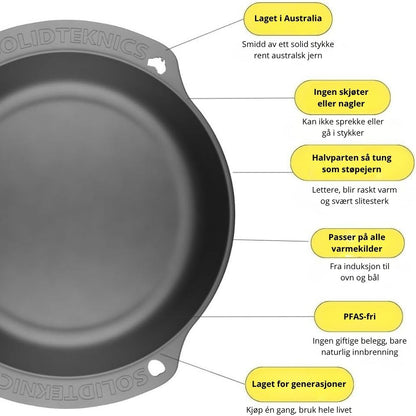 AUS-ION ovn-til-bord panne i jern, laget i Australia av ett solid stykke metall uten belegg. Lett, slitesterk og PFAS-fri panne som fungerer på induksjon, gass, ovn, grill og bål.