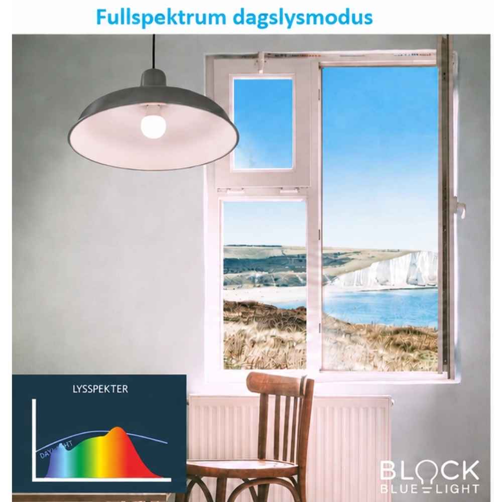BioLight E27 med klart og balansert fullspektrum dagslys til bruk på dagtid.