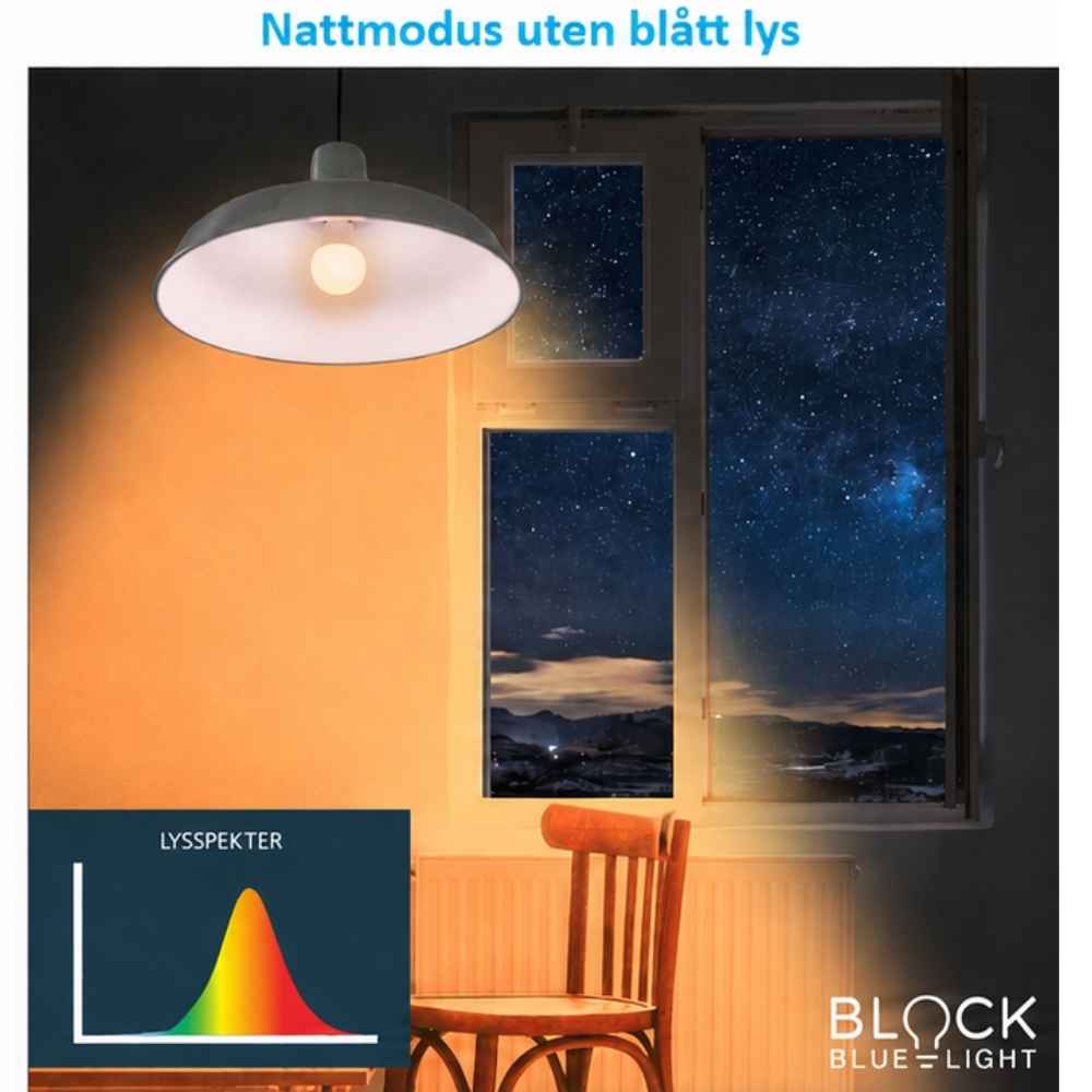 BioLight E27 i nattmodus med varmt ravfarget kveldslys uten blått spekter.