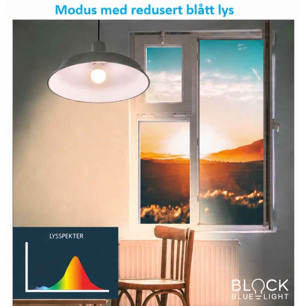 BioLight E27 med varmt lys og redusert blått spekter for morgen og tidlig kveld.