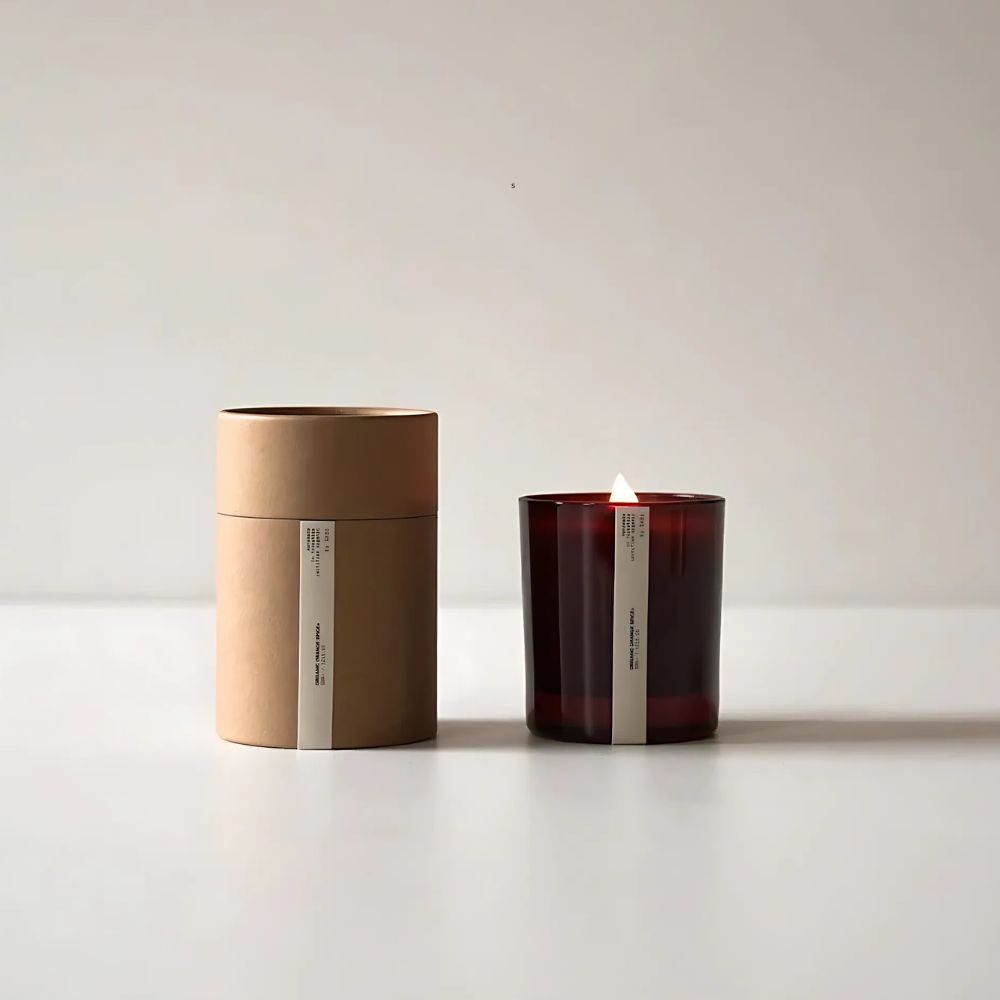 Økologisk bivokslys med duft av ylang ylang, vetiver og sitrongress, aromaterapilys i glassbeholder med eske, naturlig og bærekraftig design.