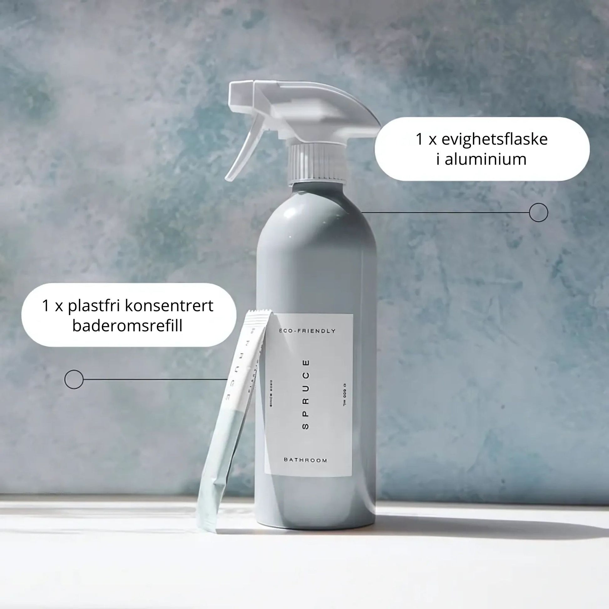 Evigvarende sprayflaske i aluminium og plastfri konsentrert baderomsrefill – et bærekraftig rengjøringsvalg.