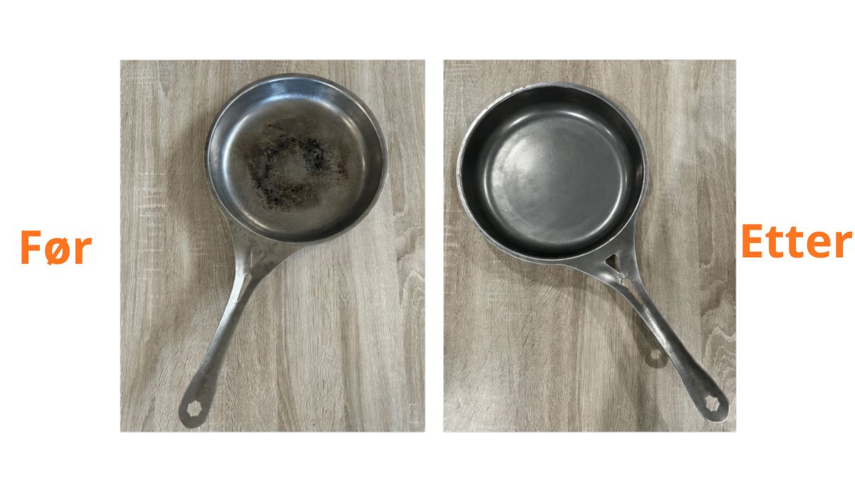Før- og etterbilde av en fastbrent nöni™-panne i rustfritt stål etter rengjøring