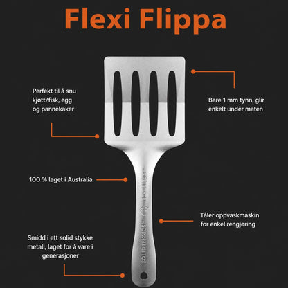 Flexi Flippa stekespade i rustfritt fjærstål fra Solidteknics. Plastfri stekespade med tynn og fleksibel kant, sømløs konstruksjon og oppvaskmaskinsikker.