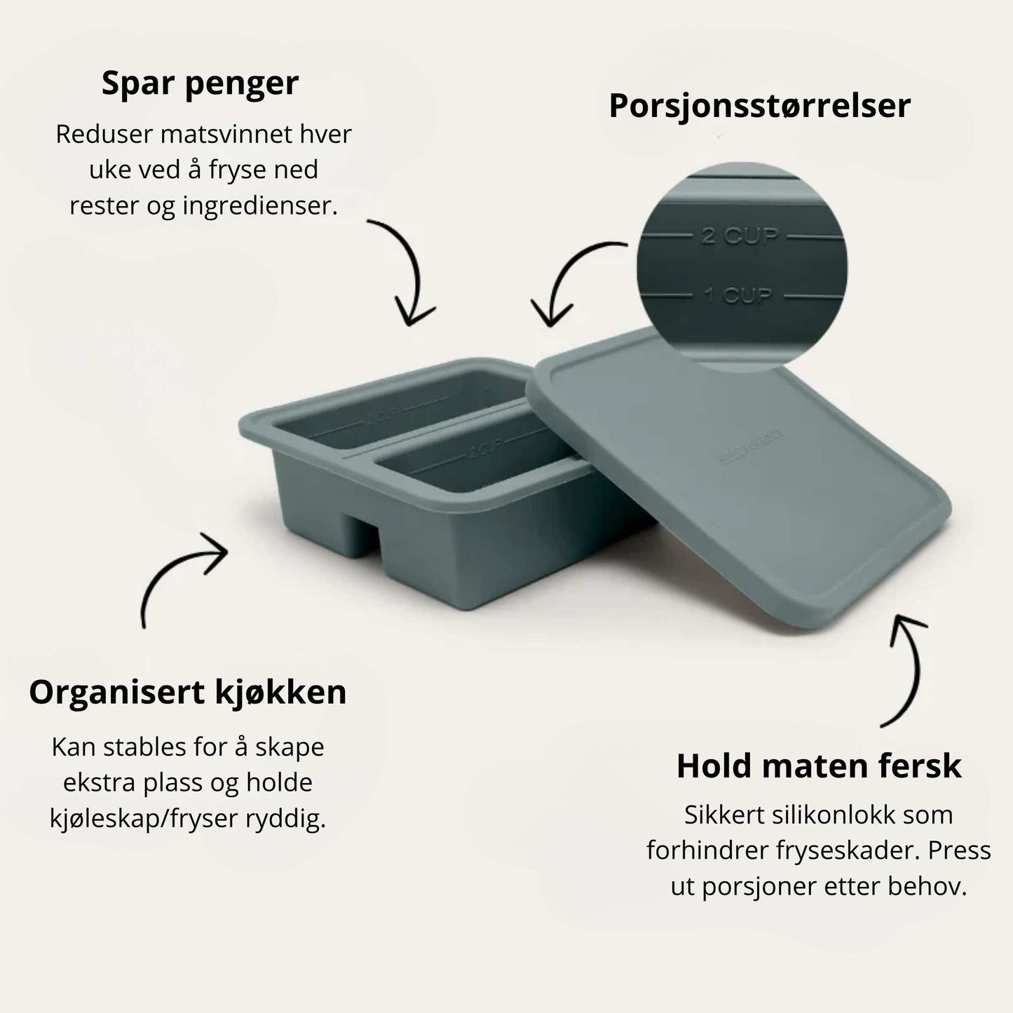 Illustrasjon av silikon fryseform med to porsjoner som viser porsjonsstørrelser, stabling og lokk som holder maten fersk.