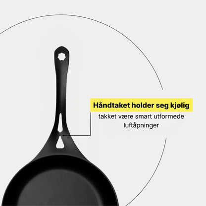 Håndtak på giftfri stekepanne som holder seg kjølig takket være luftåpninger
