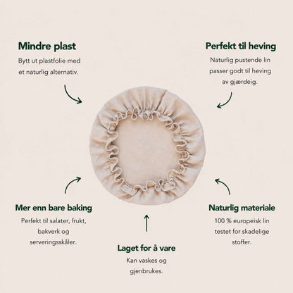 Gjenbrukbare bolletrekk i 100 % lin som et naturlig alternativ til plastfolie for heving, servering og tildekking av mat.
