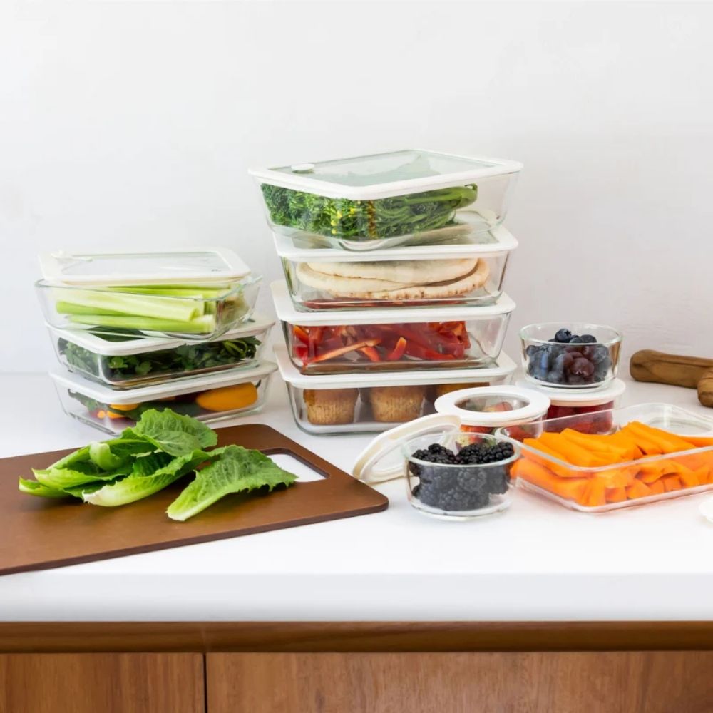 Glassoppbevaringsskåler med glasslokk fra Seed & Sprout – et komplett, plastfritt system for trygg og bærekraftig matoppbevaring fra Sunnere Hjem