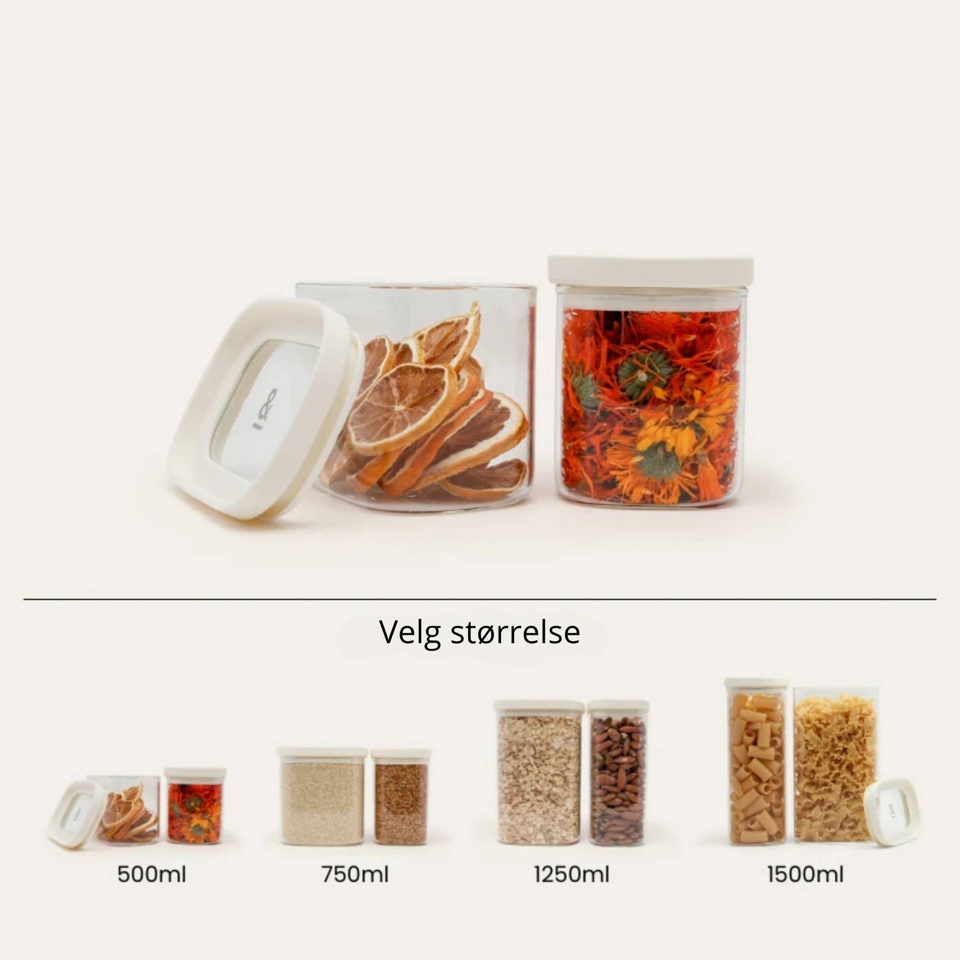 Glassbeholdere med glasslokk i flere størrelser (500 ml, 750 ml, 1250 ml og 1500 ml) til oppbevaring av tørrvarer uten plast