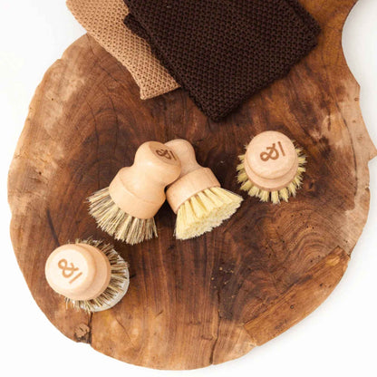 Fire gryteskrubber i plantefiber og FSC-sertifisert bøk fra Seed & Sprout ligger på en trefjøl. Viser både myke og kraftige varianter i det plastfrie blandede settet.