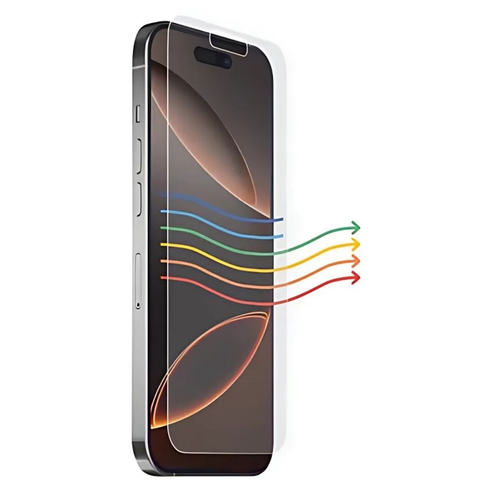 iPhone 16 med Ocushield skjermbeskytter som blokkerer blått lys. Blå og lys blå piler viser lys som ikke går gjennom skjermen, mens grønn, gul, oransje og røde piler viser lys som slipper gjennom.