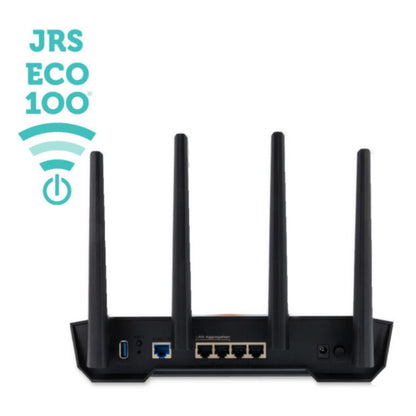 JRS Eco 100 lavstrålings WiFi 6-ruter bakside med LAN- og WAN-porter