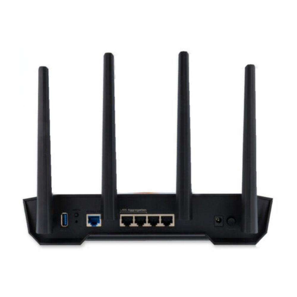 Bakside av JRS Eco 100 lavstrålings WiFi-ruter med LAN-porter og 2.5 Gbps WAN