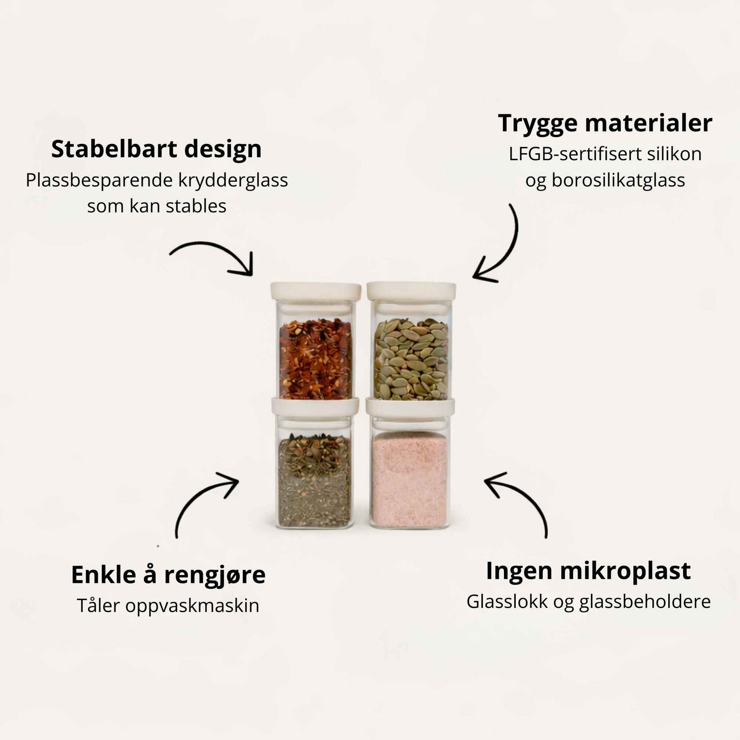 Krydderglass i borosilikatglass med glasslokk og silikonforsegling – stabelbare glass til plastfri krydderoppbevaring på kjøkkenet.