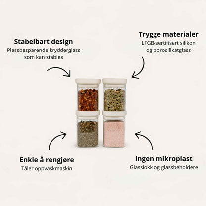 Krydderglass i borosilikatglass med glasslokk og silikonforsegling – stabelbare glass til plastfri krydderoppbevaring på kjøkkenet.