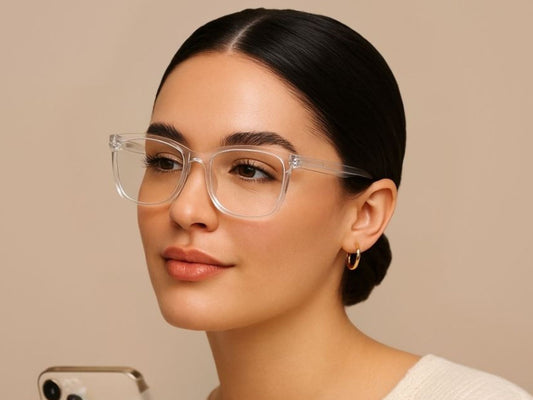 Kvinne med Ocushield blålysblokkerende dagbriller med klart glass og hvit innfatning, perfekt for skjermbruk på dagtid.