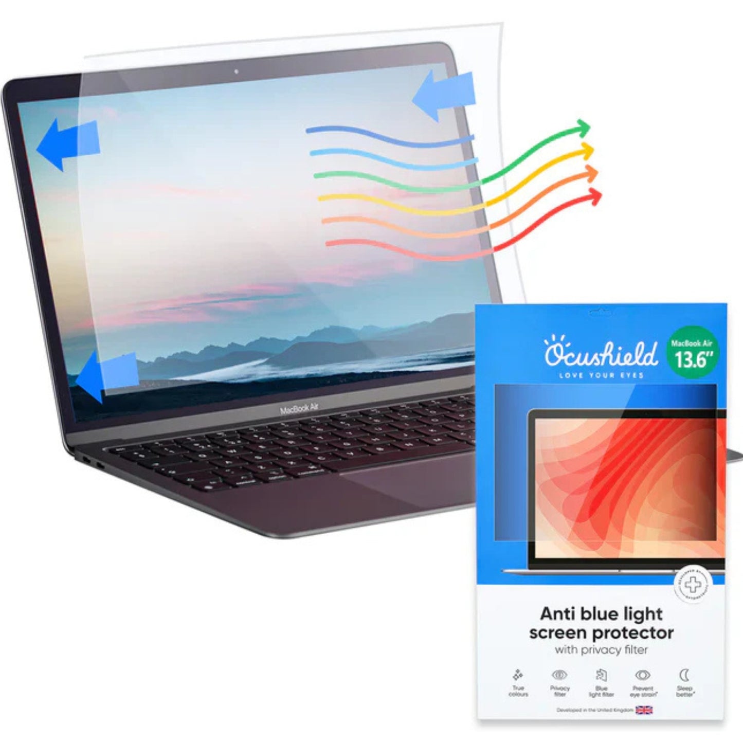 Blålysfilter og personvern skjermbeskytter for MacBook Air 13.6 – beskytter øynene, reduserer innsyn, og bevarer skjermens farger.