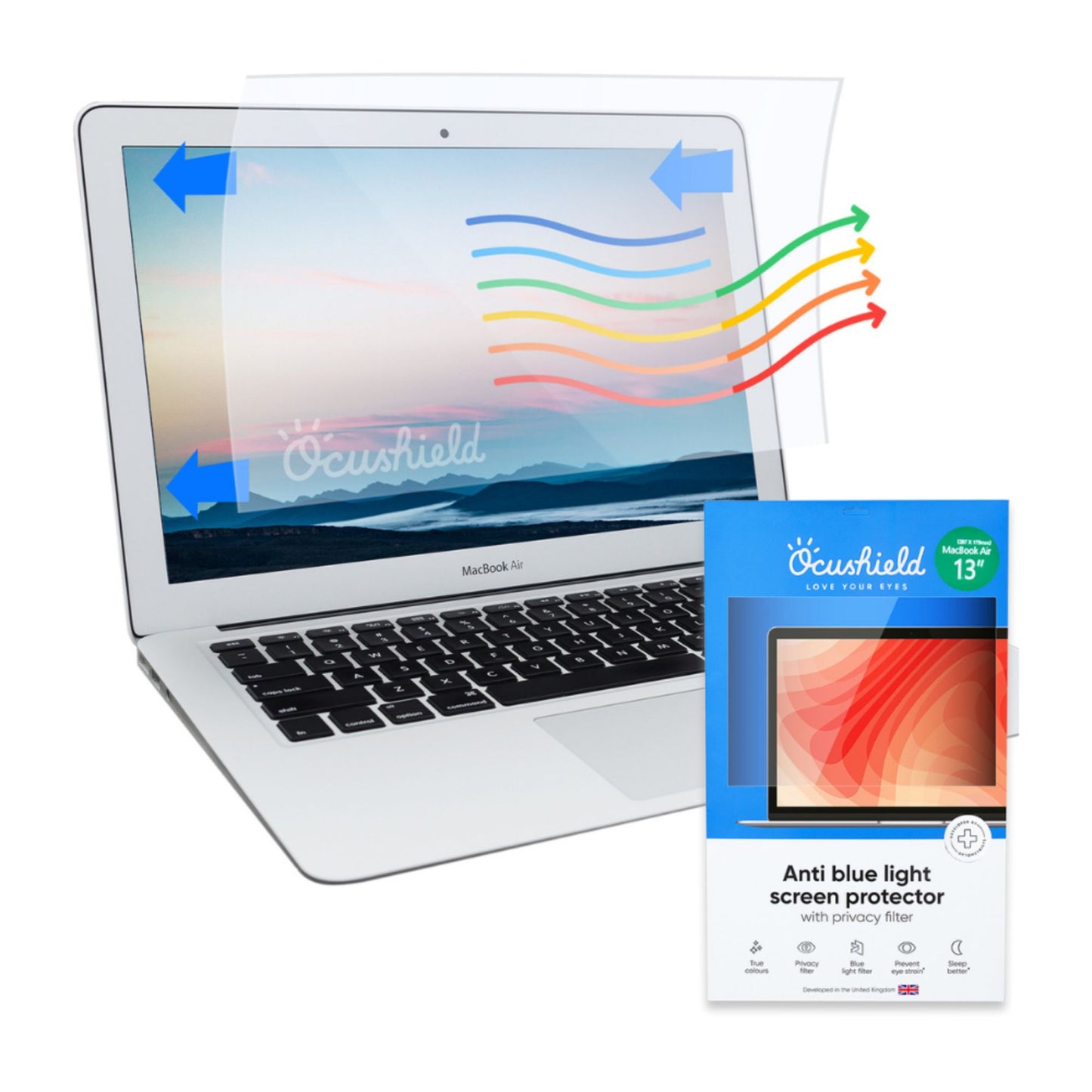 Blålysfilter og personvern skjermbeskytter for MacBook Air 13 – reduserer blått lys, beskytter mot innsyn og gir klar skjermopplevelse.