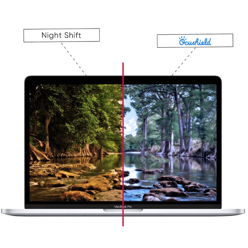 Bilde av en Macbook-skjerm delt i to: venstre halvdel med Night Shift aktivert som gir en gulaktig tone, høyre halvdel med Ocushield skjermbeskytter som viser klar og naturlig farge uten gulfilter.