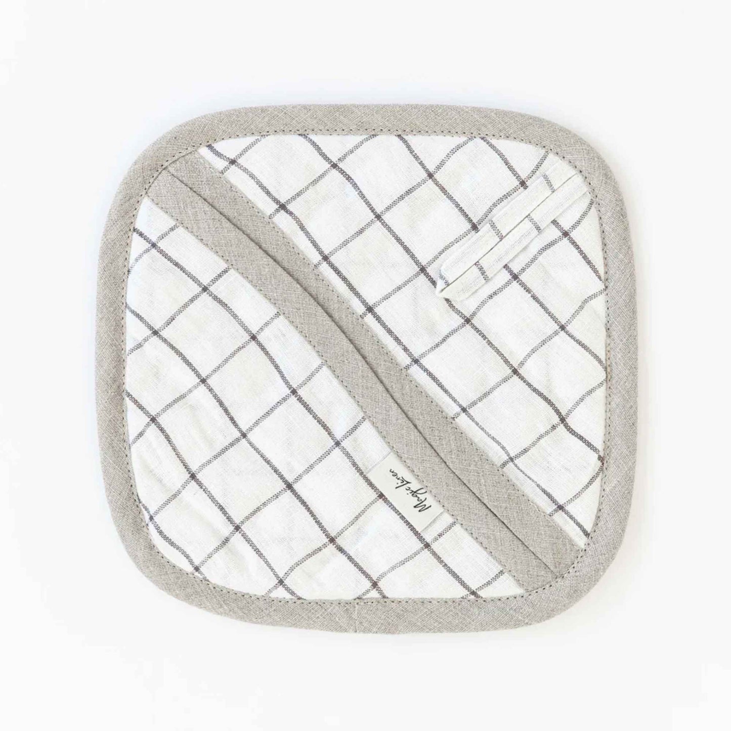 Bakside av gryteklut i lin fra MagicLinen med koksgrått rutemønster og quiltet polstring.