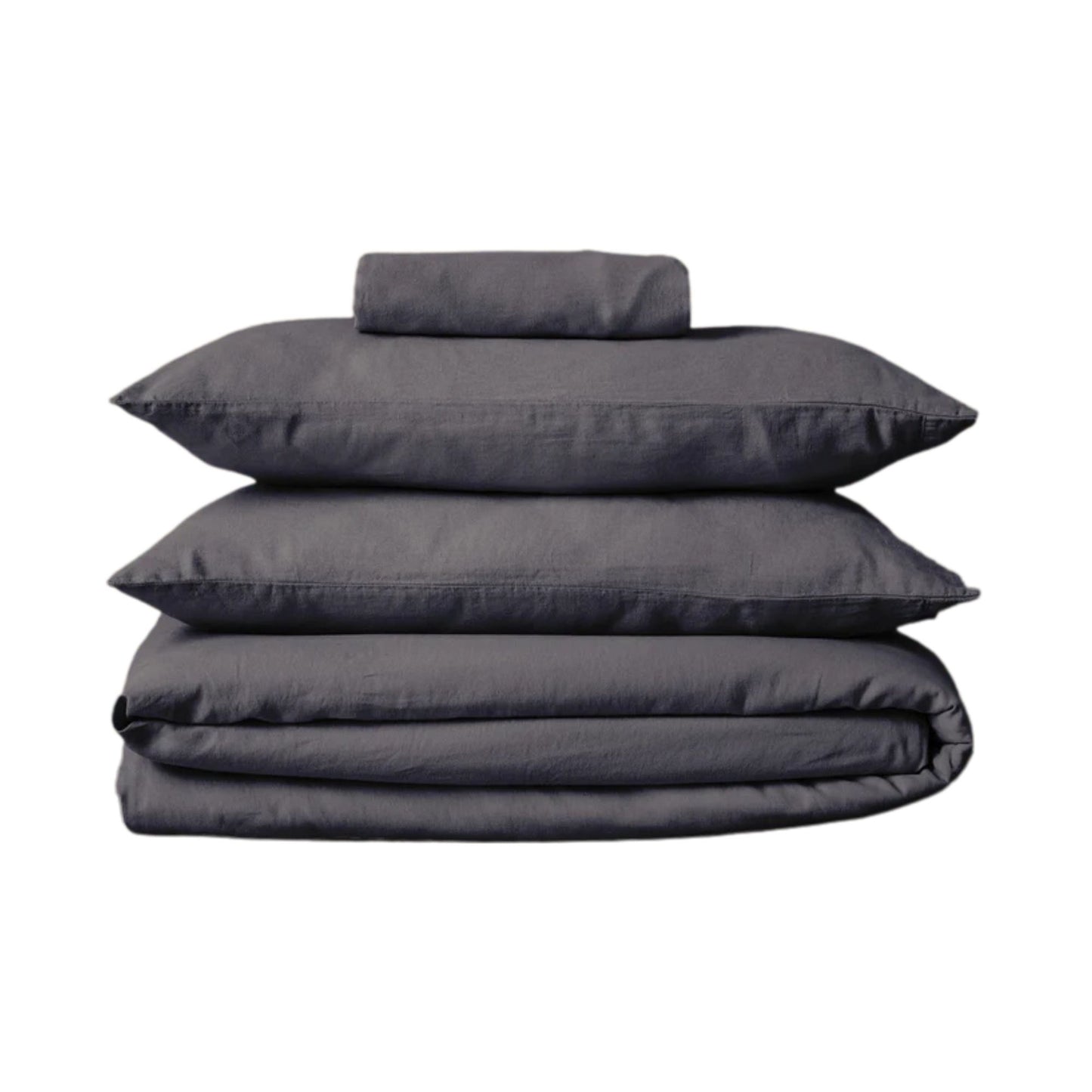 Mariana sengesett i økologisk bomull og lin i fargen Charcoal, brettet og stablet – naturlig, pustende og bærekraftig sengetøy fra Woolroom