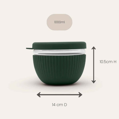 Matboks i glass på 1000 ml i fargen Moss, 14 cm i diameter og 10,5 cm høy.