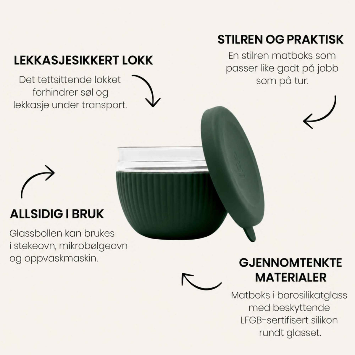 Matboks i borosilikatglass med lekkasjesikkert lokk og beskyttende LFGB-sertifisert silikon i fargen Moss.