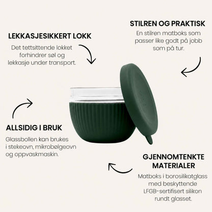 Matboks i borosilikatglass med lekkasjesikkert lokk og beskyttende LFGB-sertifisert silikon i fargen Moss.