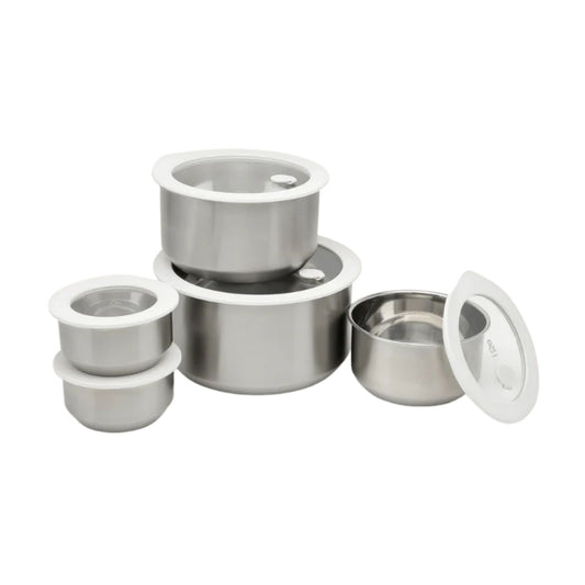 Sett med matbokser i rustfritt stål med glasslokk (5 stk)