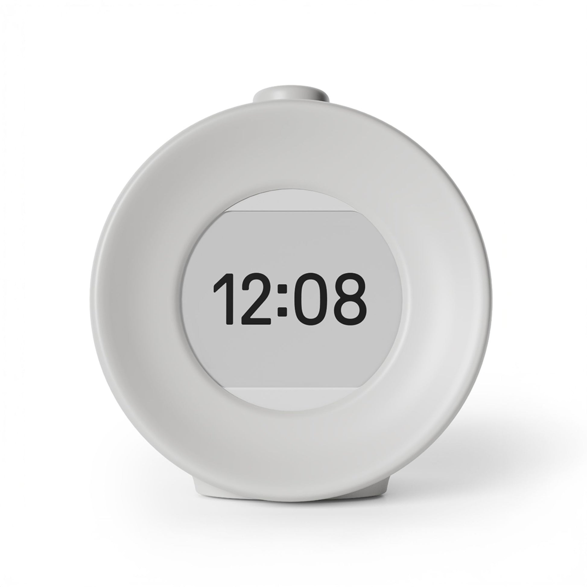 Mudita Pebble Grey vekkerklokke forfra med tydelig øyevennlig E Ink-skjerm som viser tid og alarmfunksjon.
