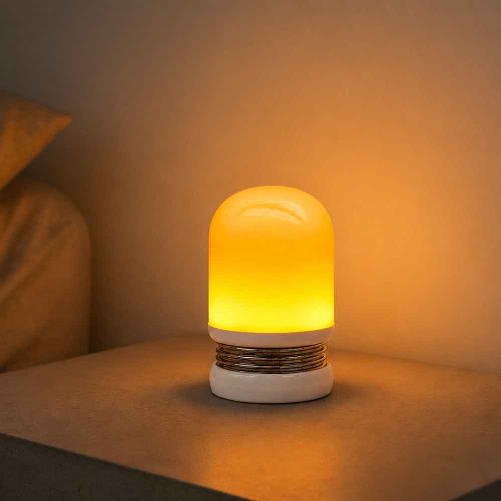 NoBlue nattlampe uten blått lys med varmt ravlys på nattbordet