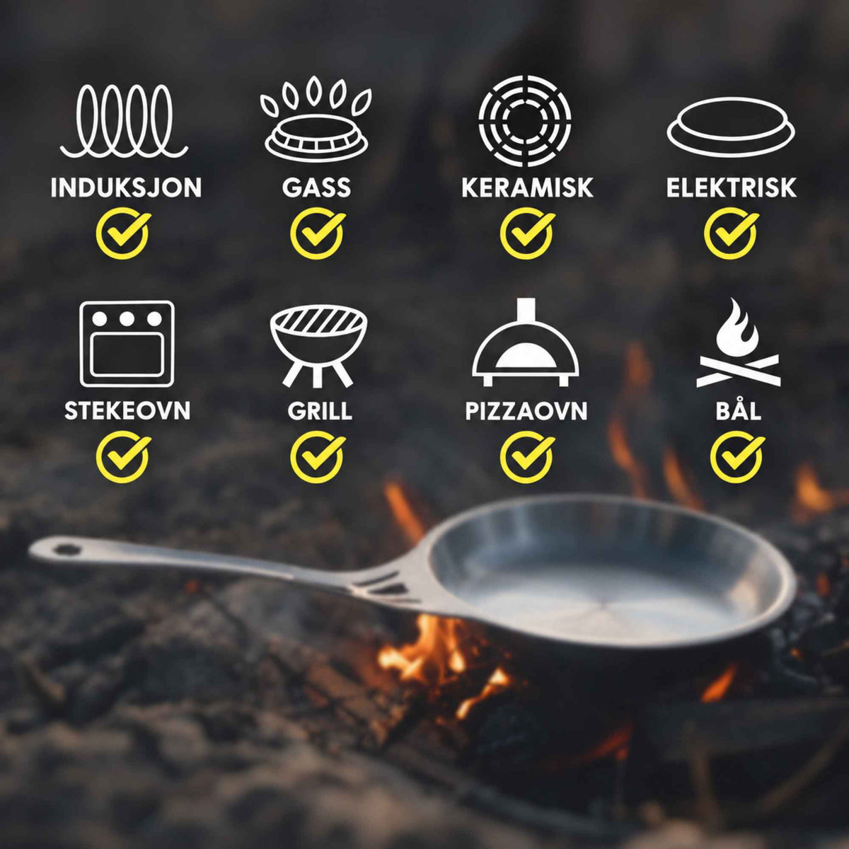 nöni nikkelfri stekepanne som fungerer på induksjon, gass, keramisk og elektrisk koketopp, i stekeovn, på grill, i pizzaovn og over bål.
