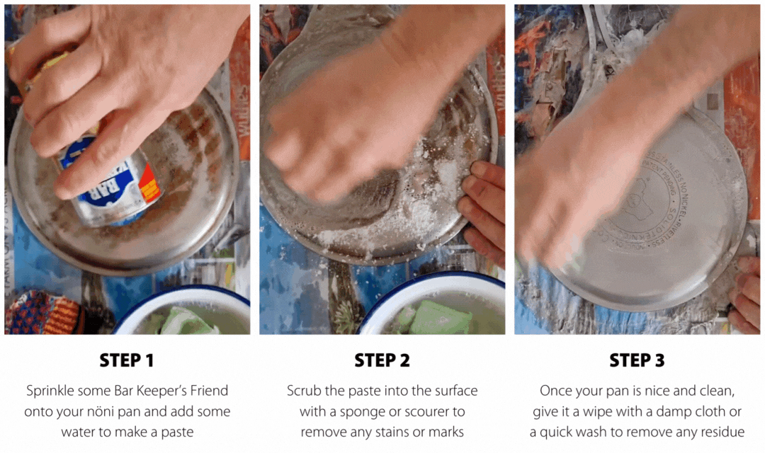 GIF som viser hvordan man kan rengjøre noni stekepannen i nikkelfritt rustfritt stål