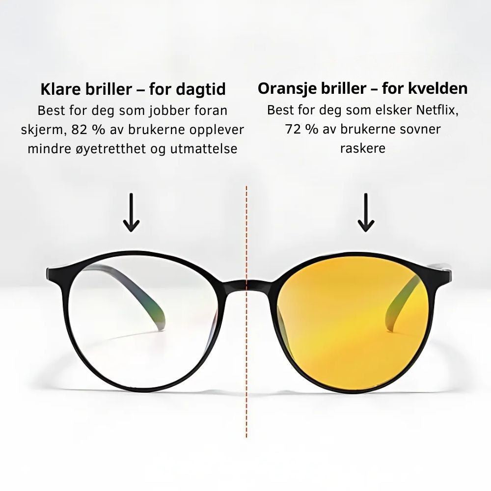 Forskjellen på klare og oransje blålysbriller fra Ocushield – dagbriller med klare glass og kveldsbriller med oransje filter
