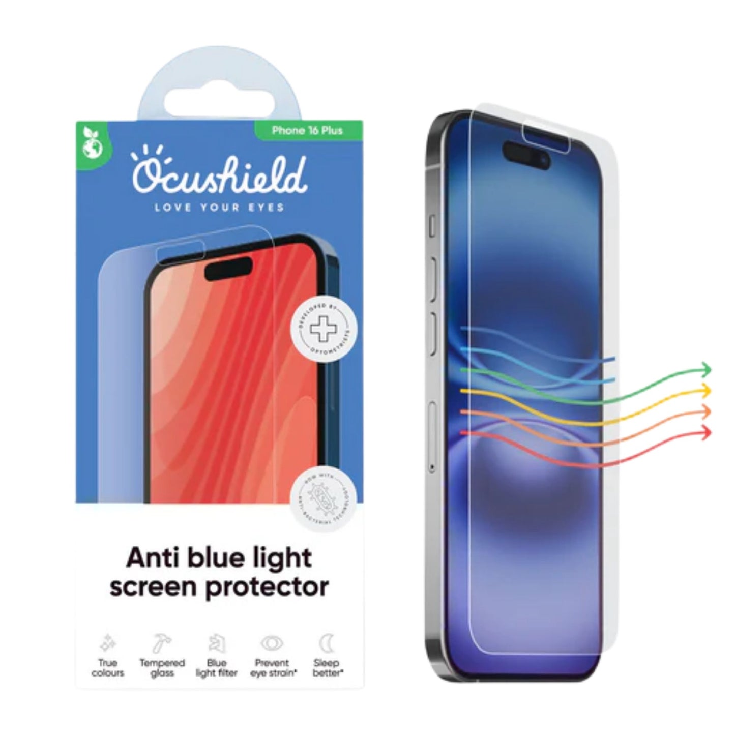 Blålysfilter skjermbeskytter for iPhone 16 Plus fra Ocushield som reduserer blått lys og beskytter skjermen
