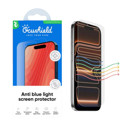 Blålysfilter skjermbeskytter for iPhone 17 Pro Max fra Ocushield som reduserer blått lys og beskytter skjermen